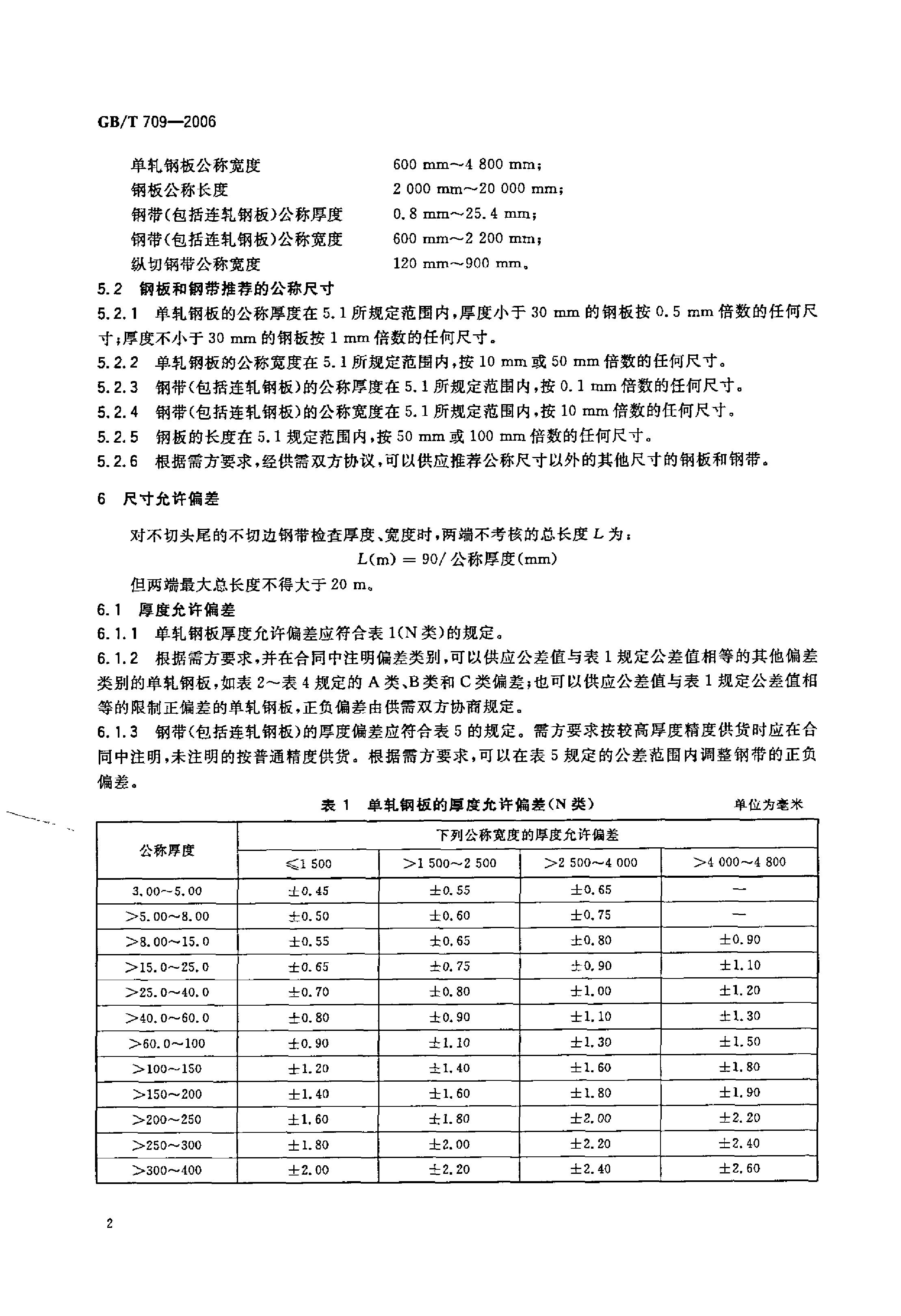 熱軋鋼板和鋼帶的尺寸、外形、重量及允許偏差 國(guó)標(biāo) GBT 709-2006 代替GBT 709-19880003